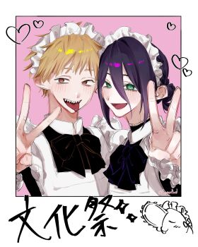 1boy 1girl apron black_bow black_bowtie black_choker black_dress blonde_hair blush bow bowtie chainsaw_man choker collared_dress commentary crossdressing crossdressing_(mtf) denji_(chainsaw_man) dress green_eyes hair_between_eyes hair_bun highres hxnxfxd maid maid_headdress medium_hair open_mouth pink_background pochita_(chainsaw_man) polaroid_photo purple_hair red_eyes reze_(chainsaw_man) sharp_teeth short_hair smile symbol-only_commentary teeth tongue tongue_out twitter_username updo upper_body v white_apron
