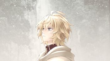 10s 1boy ahoge animated animated_gif blonde_hair blue_eyes cloak expressionless fog hair_between_eyes hood hooded_cloak hyakuya_mikaela looking_up male_focus owari_no_seraph parted_lips snowing solo upper_body water waterfall