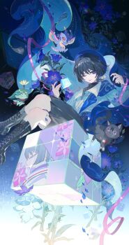 1boy :p absurdres arama_(genshin_impact) aranara_(genshin_impact) ararycan_(genshin_impact) belt beret black_background black_bodysuit black_boots black_cat black_hair black_shorts blue_belt blue_hat blue_shawl blunt_ends bodysuit boots casual cat collared_shirt commentary_request constellation_print contemporary crossed_legs cube dragon durin_(genshin_impact) eyeliner falling_petals feathers fingernails flower fringe_trim full_body genshin_impact hakama hakama_shorts hands_up hat highres japanese_clothes knee_boots lace-up_boots long_eyelashes long_sleeves looking_at_viewer lyodi makeup male_focus mini_durin_(genshin_impact) official_alternate_costume one_eye_closed open_collar petals pink_flower pink_ribbon plant pleated_shorts pom_pom_(clothes) purple_eyes purple_flower purple_petals red_eyeliner red_scarf ribbon rubik's_cube scaramouche_(cat)_(genshin_impact) scaramouche_(genshin_impact) scaramouche_(kabukimono)_(genshin_impact) scarf shawl shirt shorts sitting small_dragon string tongue tongue_out tsurime turtleneck turtleneck_bodysuit wanderer_(genshin_impact) wanderer_(impression)_(genshin_impact) white_shirt white_sleeves white_trim wispy_bangs yellow_feathers