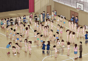 6+boys 6+girls blue_jacket breasts formal_clothes gym highres indoors jacket kiyo_(kyokyo1220) male_underwear male_underwear_pull measuring multiple_boys multiple_girls nipples original panties paper physical_examination prank pulling_another&#039;s_clothes queue scenery school_uniform stadiometer suit tape_measure teacher topless_female topless_male translated underwear weighing_scale