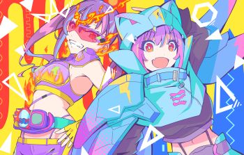 2girls adapted_costume animal_hood armor barid_rex barid_vice blizzard blue_armor blue_eyes bodysuit bohi_yamage breasts brown_hair clenched_hand clenched_hands commentary cosplay demon_boy determined rider_belt english_commentary extra_eyes fire flame_print gloves gold_horns highres hood horns_pose ice idolmaster idolmaster_cinderella_girls kamen_rider kamen_rider_revi kamen_rider_revi_(cosplay) kamen_rider_revice kamen_rider_vice kamen_rider_vice_(cosplay) multiple_girls open_hands purple_armor purple_bodysuit red_eyes red_eyewear revice_driver rex_genome rider-tan rider_belt sharp_teeth shield sunazuka_akira teeth tinted_eyewear vistamp volcano_genome volcano_rex yellow_eyes yellow_gloves yumemi_riamu