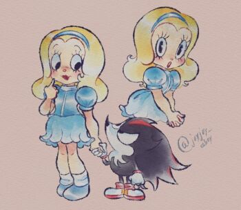 1930s_(style) 1boy 1girl blue_dress blue_headband blush commentary dress english_commentary furry headband hedgehog_boy holding_hands joy_joy_ahoy looking_at_another looking_up maria_robotnik rubber_hose_(style) shadow shadow_the_hedgehog signature sonic_(series) tail