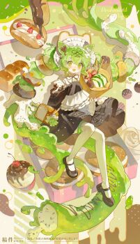 Rule 34 | 1girl, :d, absurdres, animal ears, black dress, black ribbon, black shoes, blush, bread, cherry, cupcake, donut hair ornament, double-parted bangs, dress, eclair (food), food, food-themed hair ornament, frilled sleeves, frills, fruit, full body, green eyes, green hair, hair between eyes, hair ornament, highres, long hair, long sleeves, looking at viewer, mary janes, neck ribbon, open mouth, original, pantyhose, ribbon, shoes, sleeves past fingers, sleeves past wrists, smile, solo, strawberry, twintails, watermark, white pantyhose, yi kuai cha suyou