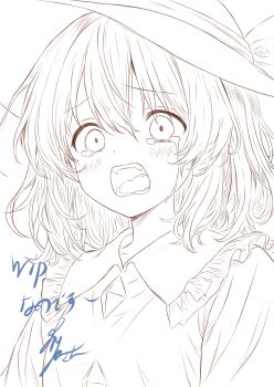 1girl absurdres blush bow buttons collar commentary_request crying crying_with_eyes_open diamond_button frilled_collar frilled_shirt_collar frills hat hat_bow highres iris-san komeiji_koishi lineart monochrome open_mouth shirt signature solo tears teeth tongue touhou unfinished upper_body