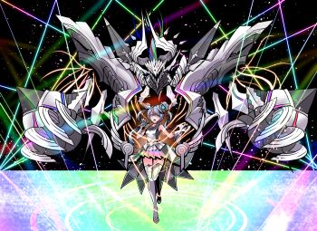 1girl absurdres aqua_hair boots claw_(weapon) dress duel_masters gloves gradient_clothes grey_hair hat highres holding holding_microphone horns idol_clothes kouchi_no_chouten_radio_roses microphone mini_hat monster multicolored_dress multicolored_hair pink_hair puppet_strings standing standing_on_one_leg thigh_boots twintails weapon white_gloves ya-1_(yaiyai123)