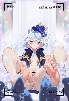 1girl 912637808 absurdres ahoge air_bubble bar_censor bare_legs barefoot blue_eyes blue_hair blue_hat blush breasts bubble censored feet full_body furina_(genshin_impact) furrowed_brow genshin_impact hair_between_eyes hands_on_own_cheeks hands_on_own_face hat heart heart-shaped_pupils heterochromia highres legs light_blue_hair liquid long_hair medium_breasts multicolored_hair navel pussy sidelocks sitting solo spread_legs stomach suggestive_fluid symbol-shaped_pupils toenails toes wet