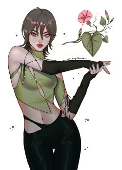 1girl aegyo_sal arm_up artist_name asymmetrical_shirt bindweed black_leggings black_sleeves bright_pupils brown_hair brown_lips cleavage_cutout clothing_cutout collar cowboy_shot crop_top detached_collar detached_sleeves eyelashes eyeshadow fashion fingernails flipped_hair flower green_collar green_nails green_shirt hair_between_eyes hand_on_own_arm highres hip_vent humanization leaf leggings long_fingernails looking_at_viewer makeup midriff modeling nail_polish navel original pink_eyes pink_eyeshadow shirt single_sleeve sleeves_past_wrists thick_eyebrows thick_lips tight_clothes tight_shirt underboob_cutout white_background white_pupils wolf_cut zeebythesea