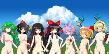 6+girls alice_margatroid alphes_(style) bad_id bad_pixiv_id bare_shoulders black_hair blunt_bangs blush book bow breasts camera censored closed_eyes cloud collarbone day embarrassed fang female_focus flandre_scarlet flat_chest frog grimoire grimoire_of_alice groin hair_bow hair_tubes hairband hakurei_reimu hand_on_own_hip hat heart highres hip_focus houraisan_kaguya kaoru_(gensou_yuugen-an) kochiya_sanae komeiji_satori lineup loli long_hair medium_breasts multiple_girls navel nipples nude open_mouth parody pink_hair shameimaru_aya short_hair side_ponytail sky small_breasts smile snake style_parody sweatdrop symbol-shaped_pupils third_eye tokin_hat touhou wings