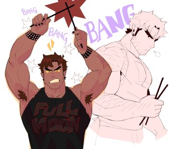 1boy arm_hair armpit_hair arms_up bara biceps black_nails black_tank_top bracelet broad_shoulders brown_hair chest_hair_peek clenched_teeth colored_sclera commentary danny_(fenwolf) drumsticks earrings english_commentary english_text fenrir_(fenwolf) frown highres holding holding_drumsticks jewelry large_pectorals male_focus multiple_views muscular muscular_male nail_polish orange_eyes original pectorals pointy_ears shoulder_hair sound_effects studded_bracelet sweat tank_top teeth thick_arms thick_eyebrows triceps upper_body white_background yellow_sclera