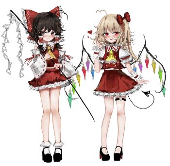 2girls absurdres ascot blonde_hair blush bow brown_eyes brown_hair commentary crystal crystal_wings detached_sleeves english_commentary flandre_scarlet frilled_bow frilled_hair_tubes frilled_skirt frills full_body gohei hair_bow hair_tubes hakurei_reimu heart highres holding holding_gohei laevatein_(touhou) long_hair looking_at_viewer multicolored_wings multiple_girls one_side_up open_mouth ougiikun pointy_ears red_bow red_eyes red_skirt red_vest ribbon-trimmed_sleeves ribbon_trim simple_background skirt skirt_set smile socks tail thigh_strap touhou vest white_background white_socks wings yellow_ascot