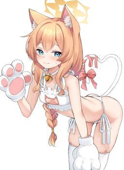 1girl animal_ear_fluff animal_ear_legwear animal_ears animal_hands bell bikini blue_archive blue_eyes blush bow bra braid breast_cutout breasts cat_cutout cat_ear_legwear cat_ears cat_lingerie cat_tail choker clothing_cutout commentary cowboy_shot double-parted_bangs flat_color frilled_bra frills gloves gluteal_fold hair_between_eyes halo highres leaning_forward long_hair looking_at_viewer mari_(blue_archive) neck_bell orange_hair paw_gloves red_bow red_ribbon ribbon side-tie_bikini_bottom sidelocks simple_background single_braid skindentation small_breasts smile solo sweat swimsuit tail tail_bow tail_ornament tail_ribbon thighhighs thighs underwear white_background white_bra white_choker white_thighhighs yellow_halo zarashi