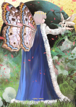Rule 34 | 1boy, absurdres, blanca (fate), blue cape, blue eyes, bob cut, bug, butterfly wings, cape, commentary, crown, falling petals, fate/grand order, fate (series), flower, from behind, full body, fur-trimmed cape, fur trim, grass, highres, insect, insect wings, liguangze, long sleeves, moth, oberon (fate), oberon (first ascension) (fate), outstretched arm, petals, profile, puffy sleeves, short hair, smile, solo, star (symbol), wings