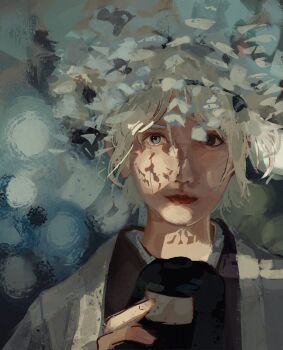 Rule 34 | 1other, black hat, black headband, black ribbon, blue eyes, blue flower, closed mouth, expressionless, fingernails, flower, fujiwara no iyozane, hachimaki, hair ribbon, haori, hat, hatsburg, headband, holding, holding unworn clothes, holding unworn hat, jacket, jacket on shoulders, japanese clothes, kimono, len'en, lipstick, looking at viewer, lying, lying on water, makeup, nostrils, on back, one side up, purple kimono, realistic, red lips, reflection, reflective liquid, ribbon, short hair, solo, tate eboshi, unworn hat, unworn headwear, upper body, water, white hair, white jacket, wisteria