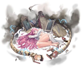 1girl absurdres ashtray ass battle_damage blue_eyes breasts broken can cigarette_butt damaged destroyed drink_can dust electricity expressionless full_body hair_between_eyes hair_spread_out high_heels highres large_breasts last_origin long_hair looking_at_viewer luvents3 lying mechanical_tentacles no_bra on_ground on_side panties pink_hair scarabya_(last_origin) shirt soda_can solo tachi-e torn_clothes torn_shirt transparent_background underwear