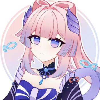 1girl blunt_bangs bow bow-shaped_hair bowtie chinese_commentary commentary_request detached_collar detached_sleeves fish genius_invokation_tcg_(style) genshin_impact gradient_hair hair_ornament long_hair looking_at_viewer mochakekequqi multicolored_hair pink_hair purple_eyes sangonomiya_kokomi sidelocks smile solo wide_sleeves