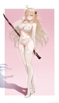 1girl absurdres alternate_costume bare_shoulders blonde_hair bra breasts cleavage duel_monster elbow_gloves garter_belt garter_straps gloves green_eyes hand_up high_heels highres holding holding_sword holding_weapon lingerie navel panties pearl_thong pumps revealing_clothes shoes sideboob sky_striker_ace_-_raye solo stiletto_heels stomach sword thighhighs underwear weapon white_bra white_panties wo_de_jin_sun yu-gi-oh!