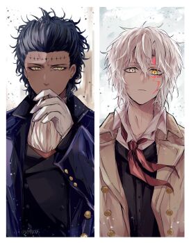 2boys allen_walker allen_walker_(nea_d_campbell) black_hair black_shirt black_vest blue_coat blurry blurry_background border brown_coat buttons cigarette cloud cloudy_sky coat collared_coat collared_shirt d.gray-man dark-skinned_male dark_skin earrings facial_mark forehead_mark gloves grey_eyes grey_sky hair_between_eyes hair_slicked_back heterochromia highres holding holding_cigarette jewelry looking_at_another looking_at_viewer male_focus mature_male messy_hair mole mole_under_eye multiple_boys nea_d_campbell neckerchief noah_(d.gray-man) red_neckerchief scar scar_across_eye scar_on_face shirt short_hair sidelocks signature sky smoking sodamachi split_screen star_(symbol) star_facial_mark stud_earrings trench_coat twitter_username tyki_mikk vest white_border white_gloves white_hair white_neckerchief white_shirt yellow_eyes