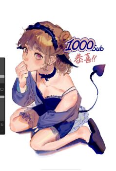 1girl amo_(amo_0514) arm_between_legs art_program_in_frame bare_legs bare_shoulders black_bow black_chemise black_choker black_hairband black_slippers black_wings blush bow bow_hairband breasts brown_hair chemise chinese_text choker cleavage clenched_hand closed_mouth collarbone commentary_request demon_girl demon_tail frilled_chemise frilled_choker frilled_hairband frills from_above full_body hair_bow hair_bun hairband half_updo hand_on_own_face hand_up head_wings highres indie_virtual_youtuber jacket long_sleeves looking_at_viewer looking_to_the_side looking_up medium_hair off_shoulder on_ground open_clothes open_jacket pink_eyes pink_pupils procreate_(software) purple_jacket raised_eyebrows ririnashi_(vtuber) see-through_clothes shadow sidelocks sideways_glance simple_background sitting slippers small_breasts solo spaghetti_strap tail tail_raised thick_eyebrows user_interface virtual_youtuber wariza white_background wings