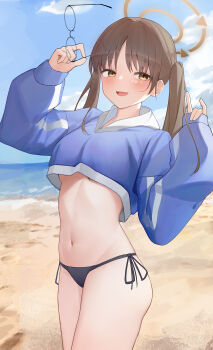 1girl :d absurdres backlighting beach bikini black-framed_eyewear black_bikini blue_archive blue_jacket blue_sky blush breasts brown_eyes brown_hair brown_halo chinese_commentary cloud commentary_request cowboy_shot cropped_jacket day fang glasses halo hands_up highres holding holding_removed_eyewear jacket jacket_over_swimsuit laocheng_(axpp4722) large_breasts long_hair looking_at_viewer moe_(blue_archive) moe_(swimsuit)_(blue_archive) navel ocean official_alternate_costume open_mouth outdoors round_eyewear side-tie_bikini_bottom skin_fang sky sleeves_past_wrists smile solo stomach straight_hair swimsuit thighs twintails unworn_eyewear