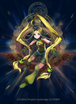 1girl antenna_hair closed_mouth copyright_notice dqn_(dqnww) gloves green_eyes green_garter_straps green_gloves green_hair green_leg_warmers green_shirt green_shorts leg_warmers looking_at_viewer medium_hair midoriko_(wixoss) official_art shirt shorts solo wixoss