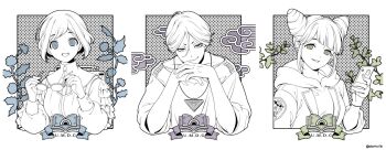 030ravie 1boy 2girls cloud collared_shirt cone_hair_bun copyright_name diagonal_bangs double_bun frilled_shirt frilled_sleeves frills fukurai_azami glasses hair_bun hands_up holding holding_phone holding_removed_eyewear hood hood_down jasmine_(toshi_densetsu_kaitai_center) leaf long_sleeves looking_at_viewer meguriya_ayumu multiple_girls open_mouth own_hands_together partially_colored phone shirt short_hair smile toshi_densetsu_kaitai_center triangle_necklace unworn_eyewear upper_body