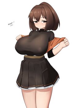 1girl absurdres black_shirt black_skirt breasts brown_hair dated feet_out_of_frame highres ise_(kancolle) ise_kai_ni_(kancolle) kantai_collection large_breasts looking_at_viewer maru_(marg0613) one-hour_drawing_challenge pleated_skirt ponytail red_eyes shirt short_hair simple_background skirt solo standing twitter_username undershirt undressing white_background