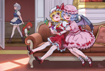 4girls absurdres apron ascot bat_wings blonde_hair blue_eyes blue_hair bow braid brooch chinese_commentary closed_eyes collared_shirt commentary commentary_request couch crystal crystal_wings dragging english_commentary flandre_scarlet frilled_shirt_collar frills green_bow green_vest grey_hair hair_bow hat hat_ribbon high_heels highres hong_meiling hug indoors izayoi_sakuya jewelry knifed long_hair maid maid_headdress mixed-language_commentary mob_cap multicolored_wings multiple_girls on_couch open_mouth pandawei pink_hat pink_shirt pink_skirt puffy_short_sleeves puffy_sleeves red_ascot red_bow red_eyes red_hair red_shoes red_skirt red_vest remilia_scarlet ribbon ribbon-trimmed_skirt ribbon_trim shirt shoes short_sleeves siblings signature sisters sitting skirt skirt_set sleeve_bow smile socks thighhighs touhou twin_braids vest waist_apron white_hat white_shirt white_socks white_thighhighs wings wrist_cuffs yellow_ascot