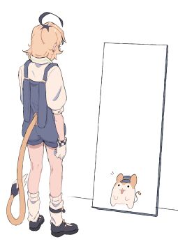 1girl addendium ahoge blonde_hair blue_overalls different_reflection dooby dooby_(1st_costume) dooby_(jerboa) dual_persona female_focus gloves highres indie_virtual_youtuber looking_at_mirror mirror mouse_girl mouse_tail overalls reflection short_hair simple_background solo tail virtual_youtuber white_background white_gloves