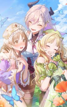Rule 34 | 3girls, :d, ^ ^, ahoge, atelier (series), atelier ayesha, atelier resleriana, atelier totori, ayesha altugle, blonde hair, blue sky, breasts, broken horn, brown eyes, brown hair, bug, butterfly, closed eyes, cloud, cowboy shot, day, demon horns, dress, flower, green dress, hair between eyes, hair flower, hair ornament, hand on another's shoulder, hands up, hat, highres, horns, hug, insect, jacket, long hair, long sleeves, looking at another, multicolored hair, multiple girls, non-web source, off-shoulder dress, off shoulder, official art, open mouth, outdoors, pink dress, purple hair, purple jacket, sky, smile, standing, totooria helmold, two-tone hair, valeria (atelier), wrist cuffs