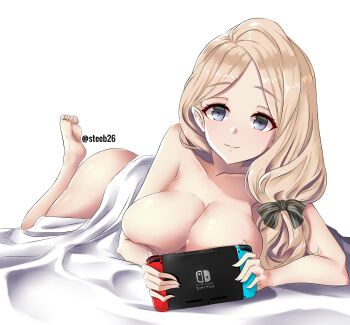 1girl absurdres ass blanket blonde_hair breasts controller fire_emblem fire_emblem:_three_houses game_controller grey_eyes highres holding holding_controller holding_game_controller large_breasts long_hair looking_at_viewer mercedes_von_martritz nintendo nintendo_switch nude side_ponytail steeb