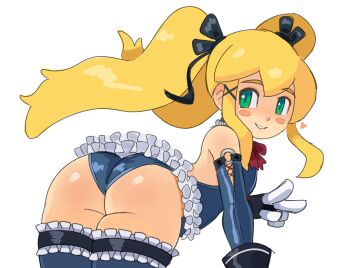 1girl alternate_hairstyle android ass bent_over black_gloves black_ribbon blonde_hair blue_gloves blue_one-piece_swimsuit blue_thighhighs blush_stickers cosplay cowboy_shot dead_or_alive drawfag elbow_gloves frilled_one-piece_swimsuit frilled_thighhighs frills gloves green_eyes hair_ribbon heart loli long_hair looking_at_viewer looking_back marie_rose marie_rose_(cosplay) mega_man_(classic) mega_man_(series) neck_ribbon one-piece_swimsuit parted_lips red_ribbon ribbon roll_(mega_man) simple_background smile solo swimsuit thighhighs twintails v white_background