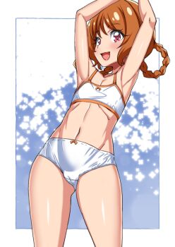 1girl armpits arms_up asortofcolorfag blush bra brown_hair cameltoe colorized delicious_party_precure eyebrows_hidden_by_hair flat_chest green_shorts hair_rings hanamichi_ran highres large_variant_set looking_at_viewer medium_hair miyagoe_yoshitsuki navel open_mouth panties precure red_eyes shorts smile solo stomach underwear variant_set white_bra white_panties
