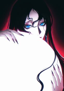 1girl absurdres aura black_background black_hair blue_eyes chinese_commentary commentary_request covered_mouth eyelashes eyeshadow fingernails glint glitter_nails glowing hair_between_eyes highres holding light_particles long_fingernails long_hair looking_at_viewer makeup parted_bangs path_to_nowhere red_aura sharp_fingernails shin_(path_to_nowhere) solo upper_body yu_zhezhe