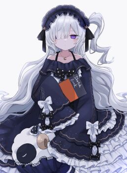 1girl black_bow black_ribbon blue_hairband bow closed_mouth commentary_request crescent crescent_necklace dress empty_eyes expressionless frilled_dress frills gothic_lolita grey_background hair_over_one_eye hair_ribbon hairband highres holding holding_sketchbook jewelry lolita_fashion lolita_hairband long_hair long_sleeves looking_at_viewer mahou_shoujo_no_majo_saiban natsume_an-an necklace one_side_up polka_dot polka_dot_bow purple_eyes ribbon simple_background sitting sketchbook sleeves_past_fingers sleeves_past_wrists solo star_(symbol) stuffed_animal stuffed_sheep stuffed_toy tori_(tori_nankotsu96) very_long_hair white_hair