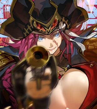 1girl aiming black_coat blue_eyes blurry blurry_foreground breasts coat coat_on_shoulders epaulettes fate/grand_order fate_(series) francis_drake_(fate) francis_drake_(third_ascension)_(fate) hat large_breasts looking_at_viewer parted_lips pink_hair pirate pirate_hat scar scar_on_face smile solo suzuhi_(fullprayer) weapon