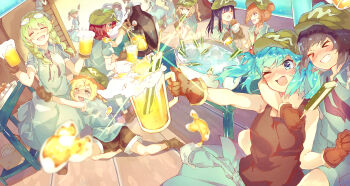 &gt;_&lt; 6+girls :q ;d absurdres alcohol arm_around_neck beer beer_mug black_necktie black_tank_top blonde_hair blue_eyes blue_hair blue_skirt blush boots braid breasts brown_eyes brown_gloves brown_hair brown_shoes newsboy_cap closed_eyes clothes_around_waist commentary crying crying_with_eyes_open cucumber cup double_bun drunk eyewear_on_head feeding gloves green_hair green_hat grin hair_bun hand_around_neck happy hat highres holding holding_cup jacket jacket_around_waist kappa kappa_mob_(touhou) kawashiro_nitori key ladder laughing medium_breasts mug multi-source_commentary multiple_girls necktie nose_blush official_art one_eye_closed open_mouth ponytail pool puffy_short_sleeves puffy_sleeves red_eyes red_hair shoes short_hair short_sleeves sidelocks sitting skewer skirt smile sparkle spilling standing table tamiku_(shisyamo609) tank_top tears teeth tongue tongue_out touhou touhou_lostword twin_braids two_side_up water wooden_floor wooden_table yellow_eyes