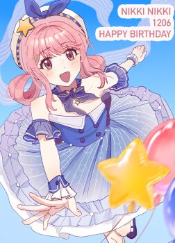 Rule 34 | 1girl, back bow, balloon, bare shoulders, beads, beret, blue bow, blue bowtie, blue choker, blue dress, blue shoes, blue sky, blue sleeves, blue wrist cuffs, bow, bow choker, bowtie, brown eyes, bubble print, bubbly voyage (infinity nikki), buttons, character name, choker, circle skirt, collared dress, commentary request, dated, day, detached sleeves, dot nose, dress, english text, eyelashes, floating, floating clothes, foot out of frame, frilled choker, frilled dress, frilled wrist cuffs, frills, hair intakes, hair ornament, hair rings, hairclip, happy, happy birthday, hat, hat bow, hat ornament, highres, hualishu12455, infinity nikki, leg up, light blush, mary janes, medium dress, medium hair, nikki (nikki), nikki (series), open mouth, outdoors, outstretched arms, pink hair, pleated dress, pleated sleeves, print dress, rabbit hair ornament, see-through clothes, see-through sleeves, shoes, sidelocks, sky, smile, socks, solo, star (symbol), star balloon, star choker, star hat ornament, strapless, strapless dress, striped bow, tareme, wavy hair, white hat, white socks, wrist cuffs