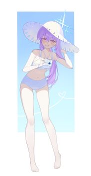 1girl atsuko_(blue_archive) atsuko_(swimsuit)_(blue_archive) bikini blue_archive blue_halo camera commentary_request full_body grin habin_(habin0812) halo hashtag-only_commentary hat highres holding holding_camera jewelry long_hair looking_at_viewer low_ponytail navel necklace official_alternate_costume ponytail purple_hair red_eyes smile solo sun_hat swimsuit white_bikini white_hat