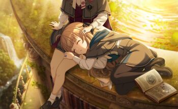 Rule 34 | 1boy, 1girl, 2girls, bag, book, brown hair, closed eyes, commentary request, game cg, highres, hood, hood down, lap pillow, loafers, long hair, long sleeves, motosu towa, multiple girls, official art, shoes, sitting, sleeping, third-party source, world dai star