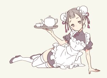 1girl apron brown_eyes brown_hair bun_cover chinese_clothes cup daipunch double_bun hair_bun highres holding holding_tray lying maid maid_apron on_side original simple_background solo teacup teapot thighhighs tray white_thighhighs