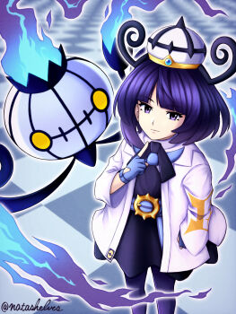 1girl absurdres black_dress black_hair blue_fire blue_gloves chandelure closed_mouth coat commentary_request dress fire gen_5_pokemon gloves grey_eyes gwynn_(pokemon) hand_up hat highres index_finger_raised long_sleeves looking_at_viewer nintendo open_clothes open_coat pantyhose partially_fingerless_gloves pokemon pokemon_(creature) pokemon_legends:_z-a sherufu_(natashelves) twitter_username watermark