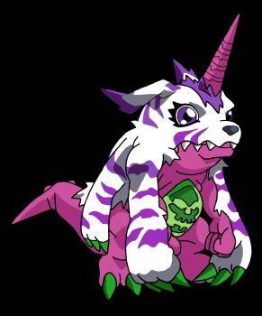 Rule 34 | black background, claws, colored skin, devian2300000, digimon, digimon (creature), digimon adventure tri., highres, official art, pink skin, psychemon, purple eyes, simple background, skull, third-party edit