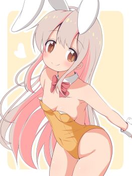 1girl alternate_costume animal_ear_hairband animal_ears bare_arms bare_legs bare_shoulders blush border bow bowtie breasts brown_eyes colored_inner_hair commentary covered_navel detached_collar fake_animal_ears grey_hair hairband heart highres leaning_forward leotard long_hair looking_at_viewer multicolored_hair onii-chan_wa_oshimai! orange_leotard outline outside_border oyama_mahiro pink_hair playboy_bunny rabbit_ears red_bow red_bowtie simple_background small_breasts smile solo strapless strapless_leotard thigh_gap two-tone_hair unkimo very_long_hair white_border white_hairband white_outline wrist_cuffs yellow_background