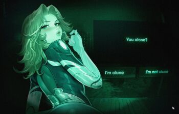 1girl blonde_hair blush bodysuit english_text fantastic_four from_behind hand_up highres lips looking_at_viewer looking_back marvel medium_hair no_i&#039;m_not_a_human prywinko solo sue_storm twirling_hair