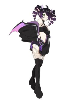 1girl ahoge animal_collar arched_back ass asymmetrical_bangs bare_shoulders bat_wings belt belt_buckle black_belt black_boots black_bustier black_collar black_jacket black_panties black_skirt black_trim black_wings boots breasts buckle bustier cleavage closed_mouth collar colored_inner_hair commentary dot_nose drill_hair ear_piercing earrings english_commentary exposed_pocket eyebrows_hidden_by_hair facial_mark fashion_style_request fingerless_gloves fishnet_thighhighs fishnet_top fishnets floating frilled_skirt frills from_below from_side frown full_body furrowed_brow gloves goth_fashion gradient_hair gradient_wings green_eyes hair_ornament hair_over_one_eye half-closed_eyes half-skirt hand_in_pocket hand_on_own_thigh hand_up high_heel_boots high_heels highleg highleg_panties highres ichika_maia indie_virtual_youtuber jacket jewelry karassawa knees_together_feet_apart lace-up_boots light_frown long_eyelashes long_legs long_sleeves looking_down looking_to_the_side lowleg lowleg_shorts lowleg_skirt medium_breasts medium_hair micro_shorts midriff miniskirt multicolored_hair multicolored_jacket multicolored_wings multiple_piercings multiple_rings narrowed_eyes navel off-shoulder_jacket off_shoulder open_clothes open_jacket over-kneehighs panties panty_straps parted_bangs piercing pink_hair pink_streaks plaid_clothes plaid_skirt platform_boots platform_heels puffy_long_sleeves puffy_sleeves purple_hair purple_jacket purple_shorts purple_skirt purple_wings ring serious shorts shorts_under_skirt sidelocks simple_background single_hair_streak skirt sleeveless sleeves_past_wrists solo spiked_collar spikes spread_wings star_(symbol) star_facial_mark star_hair_ornament star_tattoo stomach studded_belt tattoo thick_eyelashes thigh_boots thighhighs thighs torn_clothes torn_thighhighs twin_drills two-sided_fabric two-sided_jacket two-tone_hair two-tone_jacket two-tone_skirt two-tone_wings underwear v-shaped_eyebrows virtual_youtuber white_background wing_hair_ornament wings