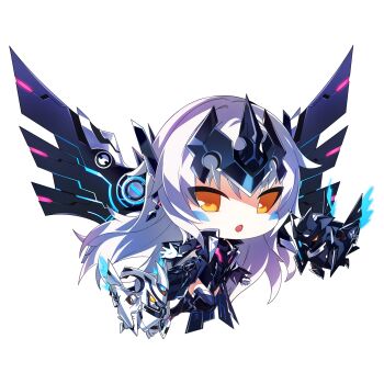 1girl armor armored_boots armored_dress armored_leotard boots chibi code:_ultimate_(elsword) commentary_request crown dress drone elsword energy energy_wings eve_(elsword) facial_mark flat_chest gloves highres horns jacket leotard long_hair looking_at_viewer machine mecha_musume mechanical_ears mechanical_horns mechanical_wings moby_(elsword) mulook open_clothes open_jacket open_mouth orange_eyes remy_(elsword) robot spikes transparent transparent_background very_long_hair white_gloves white_hair wings