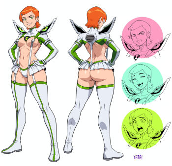 1girl alternate_costume alternate_universe ass ben_10 boots breasts cosplay facial_expressions full_body green_eyes gwen_tennyson kamui_(kill_la_kill) kill_la_kill large_breasts navel orange_hair senketsu senketsu_(cosplay) short_hair suspenders thigh_boots thighhighs yatagarasupen