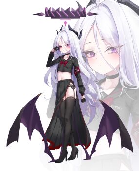 1girl alternate_costume armband black_choker black_halo black_sailor_collar black_serafuku black_shoes black_skirt black_thighhighs blue_archive choker collarbone commentary cosplay demon_girl demon_horns demon_wings full_body garter_belt gloves hair_between_eyes half_gloves halo hasumi_(blue_archive) hasumi_(blue_archive)_(cosplay) high_heels highres hina_(blue_archive) horns long_hair long_skirt long_sleeves looking_at_viewer miho_(user7939139) multicolored_halo neckerchief pleated_skirt purple_eyes red_armband red_neckerchief sailor_collar school_uniform serafuku shoes side_slit sidelocks simple_background skirt solo standing symbol-only_commentary tachi-e thighhighs two-tone_halo very_long_hair wavy_hair white_background white_hair wings zoom_layer