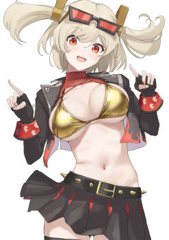 Rule 34 | 1girl, bikini, black gloves, black jacket, black skirt, blonde hair, blush, breasts, burnice white, eyewear on head, fingerless gloves, gloves, gold bikini, golden week, highres, jacket, large breasts, looking at viewer, mitsuru (uramitsuru1206), navel, open mouth, red eyes, simple background, skirt, solo, spiked belt, spiked jacket, stomach, swimsuit, two side up, white background, zenless zone zero
