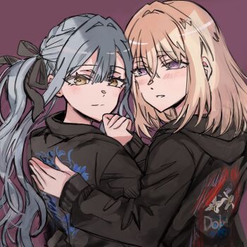 Rule 34 | 2girls, bang dream!, bang dream! it's mygo!!!!!, black hoodie, blonde hair, blue hair, blush, closed mouth, commentary, hair between eyes, highres, hood, hood down, hoodie, junjun (kimi-la), long hair, long sleeves, medium hair, misumi uika, multiple girls, open mouth, purple eyes, togawa sakiko, twintails, upper body, yellow eyes